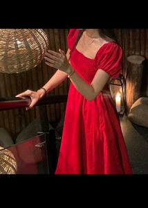 Red Midi Dress with Puff Sleeves