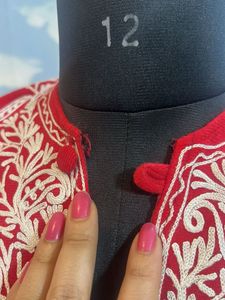 Red Kashmiri Embroidered Poncho with Fur Trim