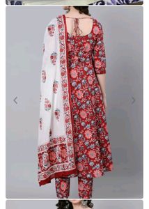 Red Printed Kurta With Trouser &amp; Dupatta