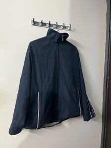 Navy Windbreaker Jacket With White Strips On Arms