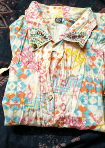 Patterned Embellished Button-Down Top