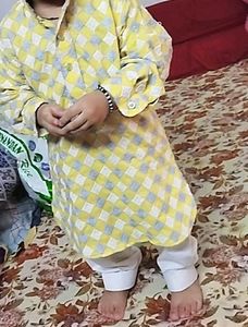 New Yellow Chikankari Punjabi/kurta For Baby, Kids With Collar And White Pants