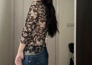 browm mesh top with lace detailing