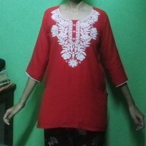 Red Embroidered Short Kurti