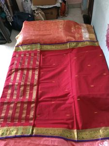 Brand New Red Handloom Saree with Gold Jari Border