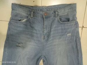 Blue Denim Straight Fit Knee Slit Jeans For Girls