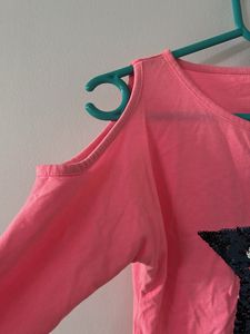 Bright pink sequence embellished cold shoulder top