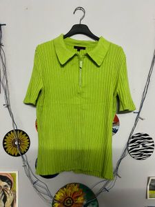 Green Ribbed Knit Zip-Up Top