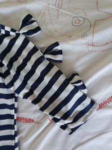 Blue And White Striped Cut Out Shoulder Top