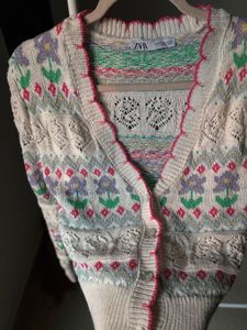 Zara Floral Jacquard Embroidered Knit Cardigan
