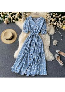 Sky Blue Elegant Dress, Calf Length With Full Open Button In Front.