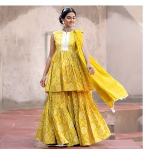 Yellow Floral Print Sharara Suit