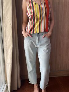 Sky Blue Mid Waist Boyfriend Fit Denim