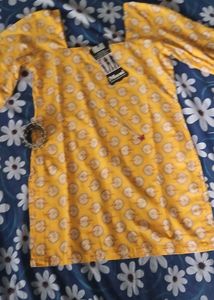 Long Sleeve Yellow Short Kurti With Freebies