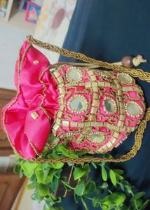 Pink &amp; Gold Beaded Potli Bag