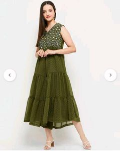 Olive Green Embroidered Tiered Midi Dress