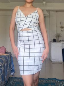 White Checkered Cutout Mini Dress