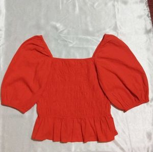 Red Smocked Puff Sleeve Top