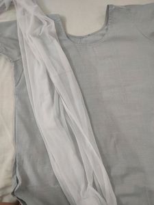 Plain Light Grey Kurti And White Dupatta