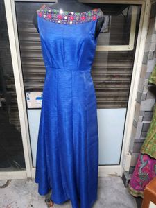 Elegant Blue Embellished Neck Dress