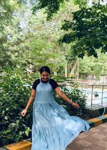 Blue Denim Halter Neck Full Length Dress