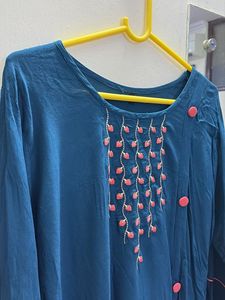 Teal Tunic Dress with Floral Embroidery