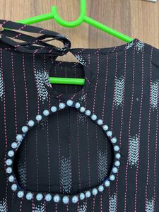 Black Kurta With Pearl Sleeve And Neck Design