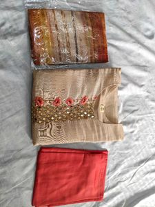 Beige Embroidered Salwar Suit Set Shimmer Silk