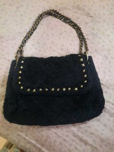 Fuzzy Navy &amp; Gold Studded Shoulder Bag