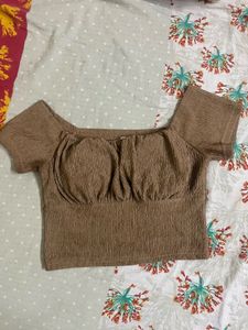 Brown Ribbed Crop Top