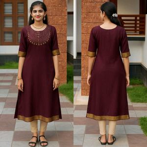 Wine Colour Kurtha With Gold Beads Hand embroidere