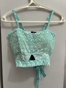 Aqua Embroidered Tie Crop Top