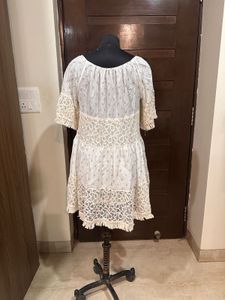 Women’s Cream Gold Embroidered Lace Trim  Dress