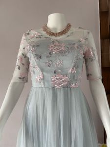 blue lace tulle midi gown