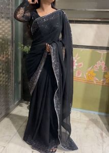 Black Saree Shimmer On Borders With Blouse