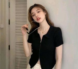Black Ribbed Zip-Up Collared Top