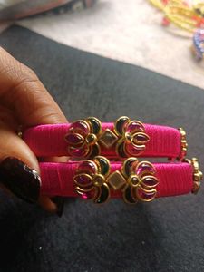 Vibrant Pink Silk Thread Bangle Set with Floral Em