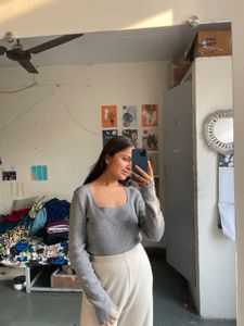 Grey Knit Square Neck Sweater