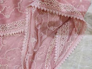 Pink Embroidered Fabric with Scalloped Trim