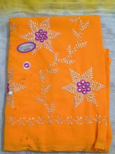Orange Floral Embroidered Saree