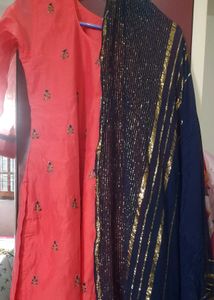 Coral &amp; Navy Embroidered Kurta Set