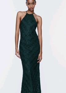 ZARA Halter Gown with Fringe - Dark Green