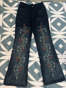 Whimsical Embroidered Boho Flare Jeans