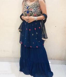 Blue Sleeveless 3 Piece Gharara Set