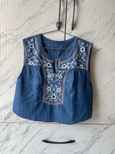Embroidered Denim Tank Top