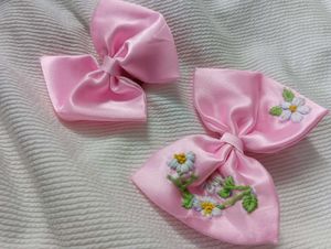 Embriodery Cute Pink Hair Bows (Set of 2)
