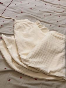 Cream Ribbed Knit Wide Leg Pants