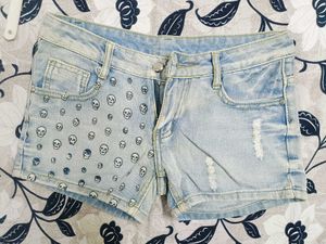 Skeleton Print Denim Shorts For Women.