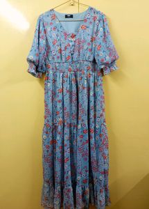 Floral Printed Puffed Sleeves Tiered Dress