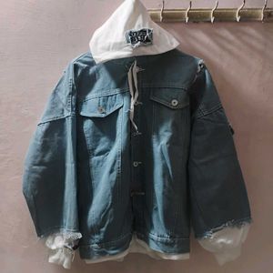 Men's Blue Hooded Denim Jacket (Size - XL)